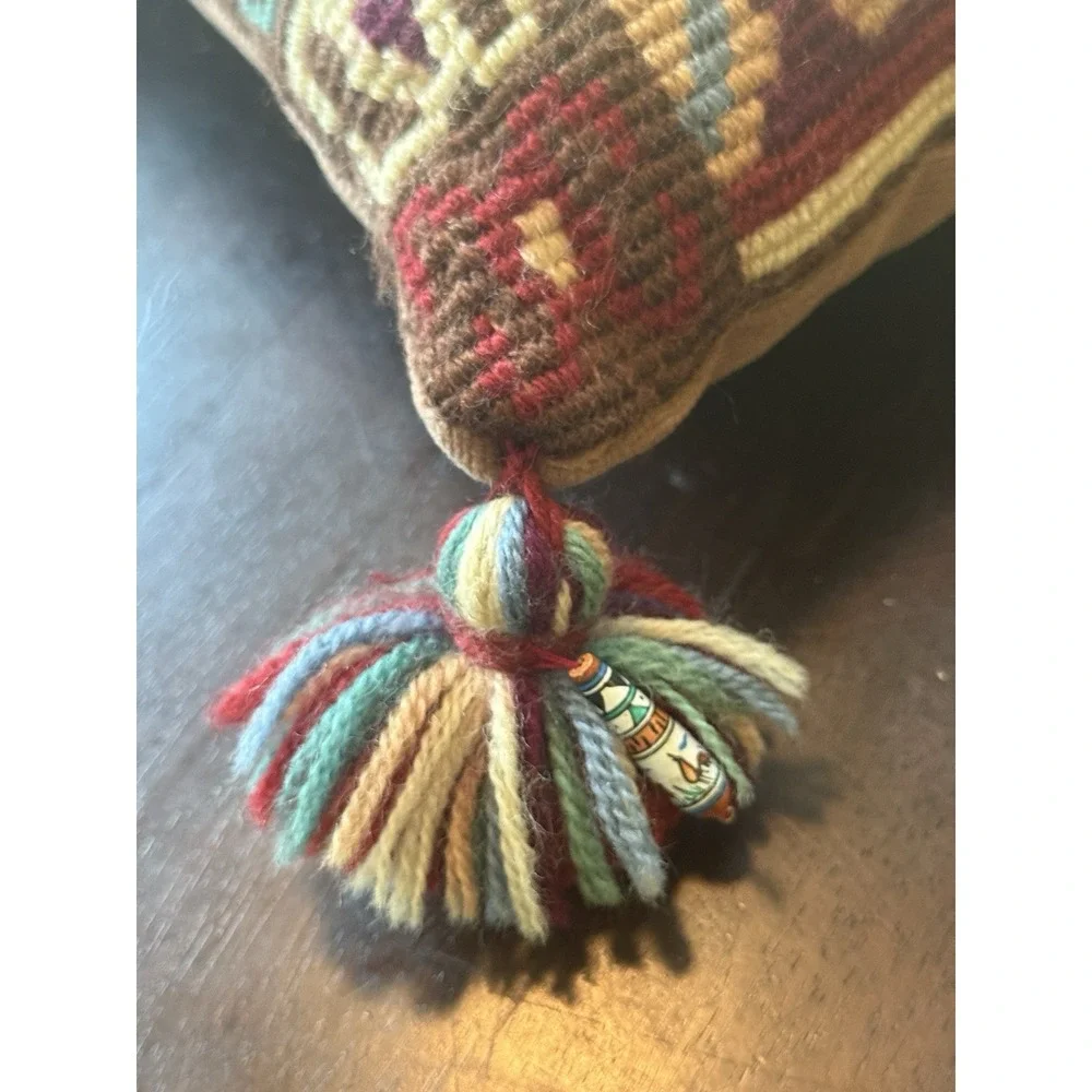 Exquisite Handmade Vintage Turkish Kilim Style Rug Pillow 12x12, Tassels Charms